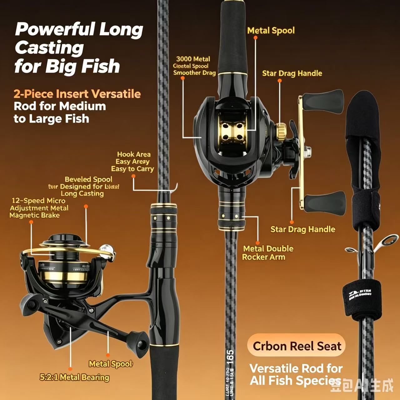 Fishing Rod Carbon Fiber - カーボンファイバー製釣り竿＆リールコンボ 遠投用 海釣り（長さ：1.66m/1.81m/2.11m/2.41m）
